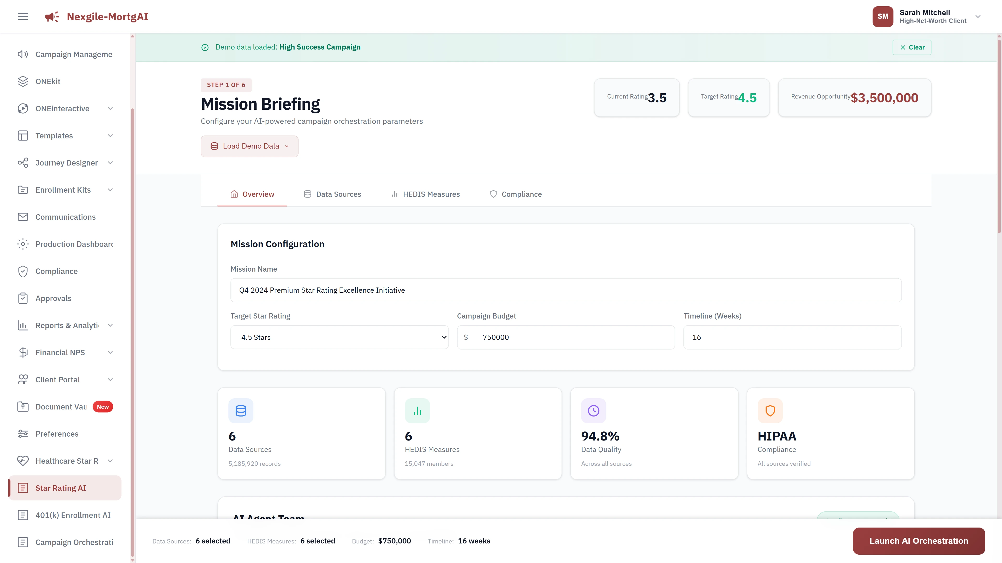Mission Briefing screen for configuring star rating targets, budget, and compliance settings.
